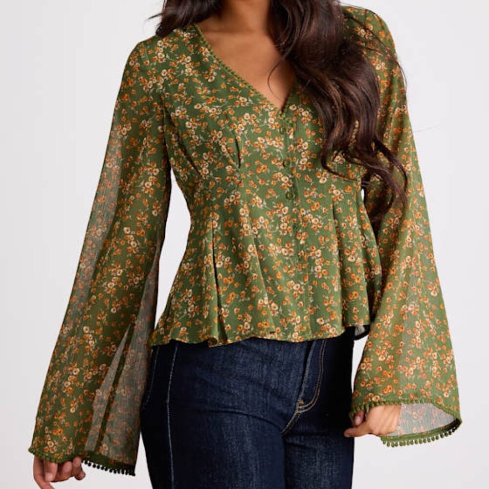 Lulus Merryn Olive Green Floral Button-front Pleated Long Sleeve Top - Size S